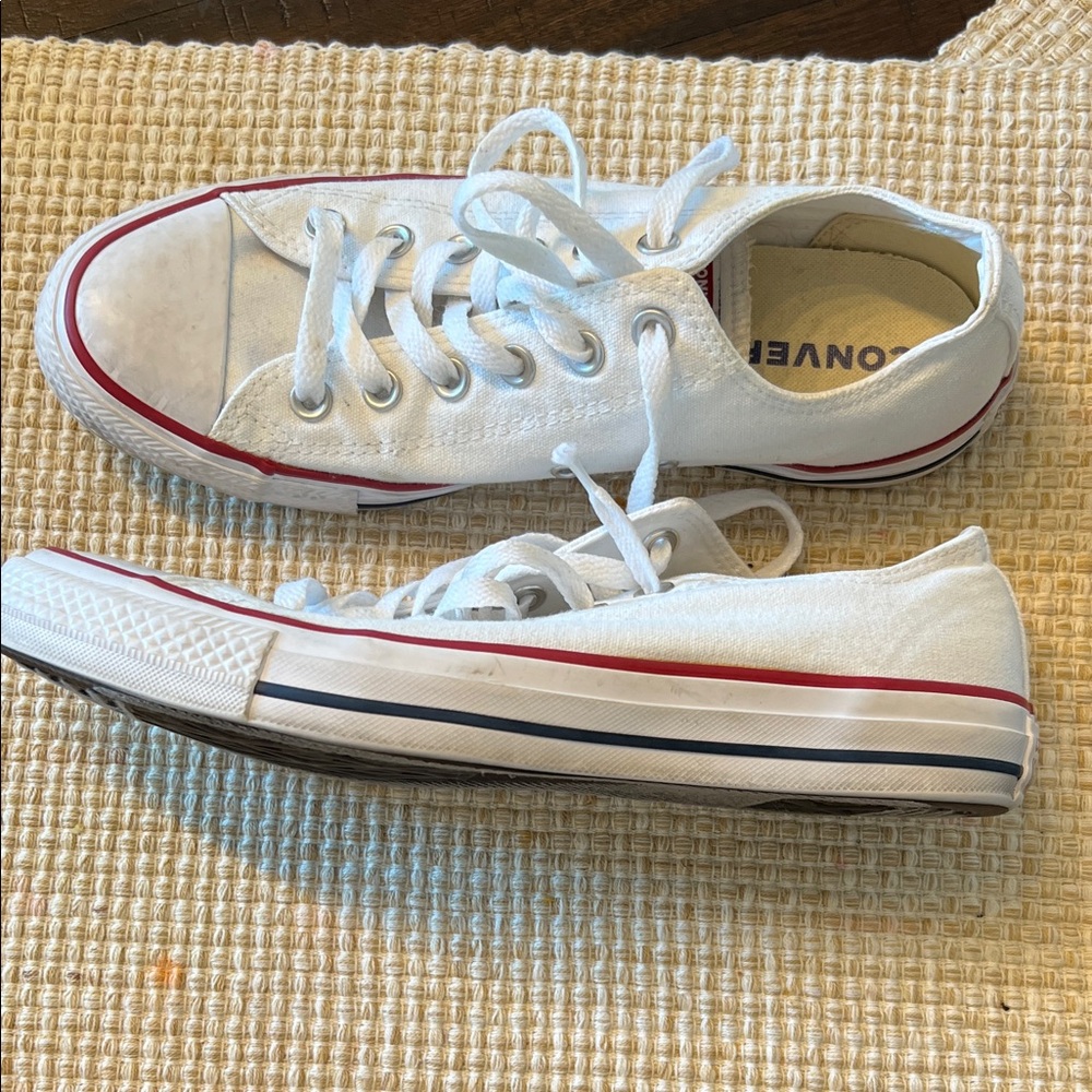 Converse White Canvas Low-Tops with Red and Blue Stripes